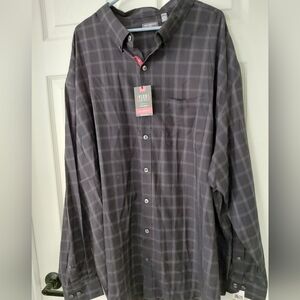 4XL Mens Van Heusen Dark Gray Plaid Button Down Shirt